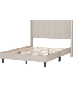 Velvet Upholstered Bed Frame with Vertical Channel Tufted Headboard,Modern Decorative Nailheads, Full size Bed Frame Beige