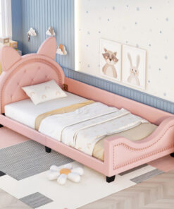 Twin Size Upholstered Daybed with Carton Ears Shaped Headboard, Pink