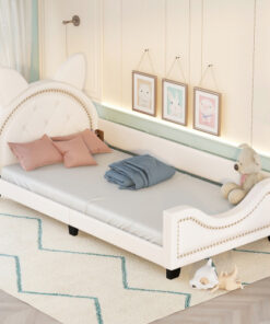 Twin Size Upholstered Daybed with Carton Ears Shaped Headboard, White