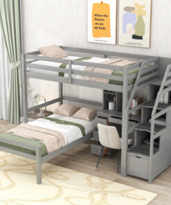 Twin Size Loft Bed with a Stand-alone Bed, Storage Staircase, Desk, Shelves and Drawers, Gray