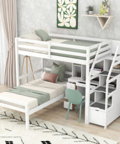 Twin Size Loft Bed with a Stand-alone Bed, Storage Staircase, Desk, Shelves and Drawers, White