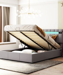 Upholstered Bed Queen Size with LED light, Bluetooth Player and USB Charging, Hydraulic Storage Bed in Gray Velvet Fabric