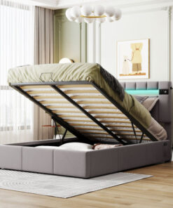 Upholstered Bed Full Size with LED light, Bluetooth Player and USB Charging, Hydraulic Storage Bed in Gray Velvet Fabric