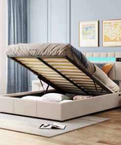 Upholstered Bed Queen Size with LED light, Bluetooth Player and USB Charging, Hydraulic Storage Bed in Beige Velvet Fabric