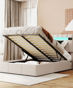 Upholstered Bed Full Size with LED light, Bluetooth Player and USB Charging, Hydraulic Storage Bed in Beige Velvet Fabric