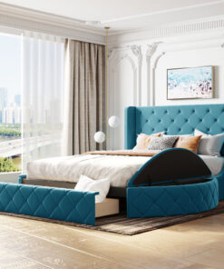 Upholstered Platform Bed Queen Size Storage Velvet Bed with Wingback Headboard and 1 Big Drawer,2 Side Storage Stool(Blue)