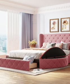Upholstered Platform Bed Queen Size Storage Velvet Bed with Wingback Headboard and 1 Big Drawer,2 Side Storage Stool(Pink)