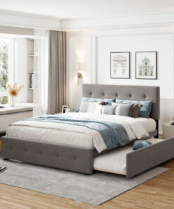 Upholstered Platform Bed with 2 Drawers and 1 Twin XL Trundle,  Linen Fabric, Queen Size - Light Gray(OLD SKU :LP000314AAN)