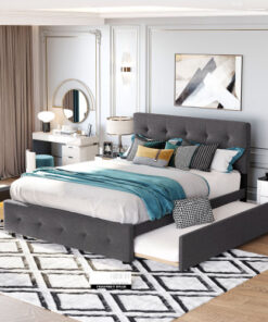Upholstered Platform Bed with 2 Drawers and 1 Twin XL Trundle,  Linen Fabric, Queen Size - Dark Gray(OLD SKU :LP000314AAE)