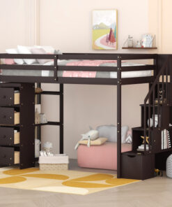 Twin size Loft Bed with Storage Drawers and Stairs, Wooden Loft Bed with Shelves - Espresso