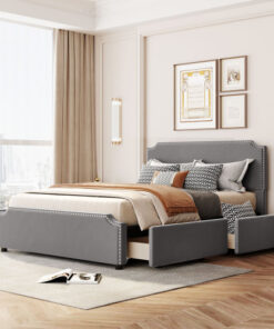 Upholstered Platform Bed with Stud Trim Headboard and Footboard and 4 Drawers No Box Spring Needed, Velvet Fabric, Queen Size (Gray)