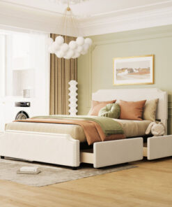 Upholstered Platform Bed with Stud Trim Headboard and Footboard and 4 Drawers No Box Spring Needed, Velvet Fabric, Queen Size (Beige)