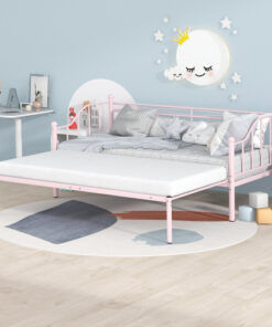 Twin Size Metal Daybed with Trundle, Daybed with Slat No Box required Pink