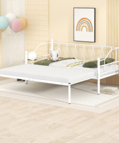 Twin Size Metal Daybed with Trundle, Daybed with Slat No Box required White