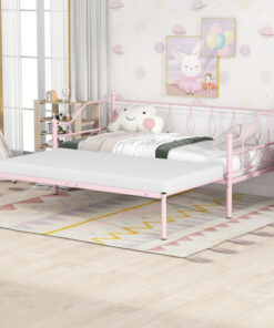 Twin Size Metal Daybed with Trundle, Daybed with Slat No Box required Pink