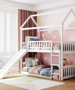 Twin Over Twin Bunk Bed with Slide, House Bed with Slide, White(OLD SKU: LT000213AAK)