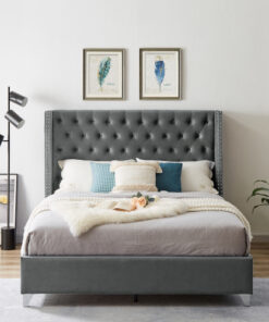 B100S Queen bed,  Button designed Headboard, strong wooden slats + metal support feet, Gray Flannelette