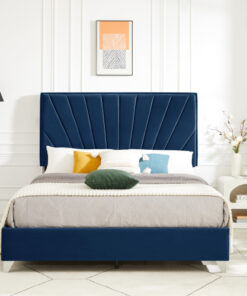 B108 Full bed Beautiful line stripe cushion headboard , strong wooden slats + metal legs with Electroplate