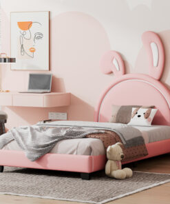 Twin Size Upholstered Leather Platform Bed with Rabbit Ornament, Pink