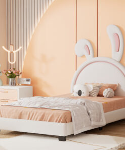 Twin Size Upholstered Leather Platform Bed with Rabbit Ornament, White
