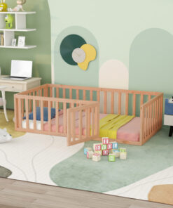 Twin Size Wood Floor Bed Frame with Fence and Door, Natural(OLD SKU :WF289661AAM)