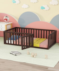 Twin Size Wood Floor Bed Frame with Fence and Door, Walnut(OLD SKU :WF289661AAL)