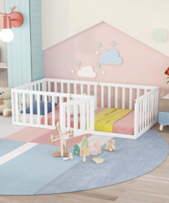 Twin Size Wood Floor Bed Frame with Fence and Door, White(OLD SKU :WF289661AAK)