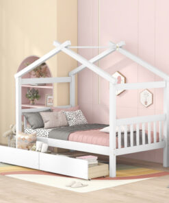 Twin Size Wooden House Bed with Drawers, White