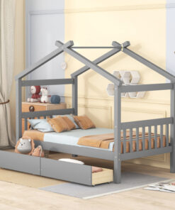 Twin Size Wooden House Bed with Drawers, Gray