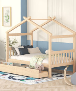 Twin Size Wooden House Bed with Drawers, Natural
