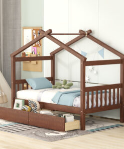 Twin Size Wooden House Bed with Drawers, Walnut