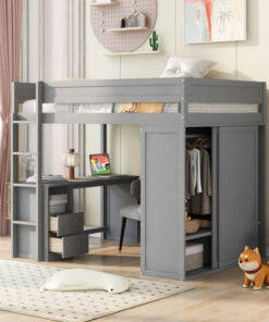 Wood Full Size Loft Bed with Wardrobes and 2-Drawer Desk with Cabinet, Gray