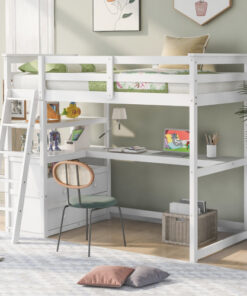 Twin Size Loft Bed with Desk and Shelves, Two Built-in Drawers, White (old SKU: GX000803AAK-1)