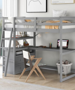 Twin Size Loft Bed with Desk and Shelves, Two Built-in Drawers, Gray(old SKU:GX000803AAE-1)