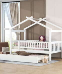 Twin Size Wooden House Bed with Twin Size Trundle, White