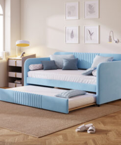 Upholstered Daybed Sofa Bed Twin Size With Trundle Bed and Wood Slat, Light Blue