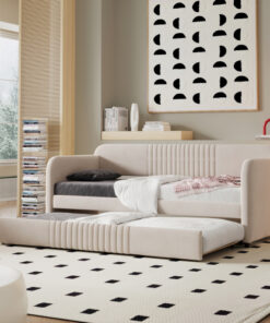 Upholstered Daybed Sofa Bed Twin Size With Trundle Bed and Wood Slat ,Beige