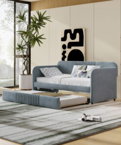 Upholstered Daybed Sofa Bed Twin Size With Trundle Bed and Wood Slat, Gray