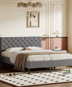 Upholstered Linen Platform Bed, Queen Size, Gray