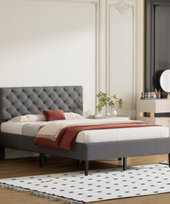 Upholstered Linen Platform Bed, Full Size, Gray