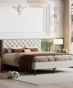 Upholstered Linen Platform Bed, Queen Size, Beige