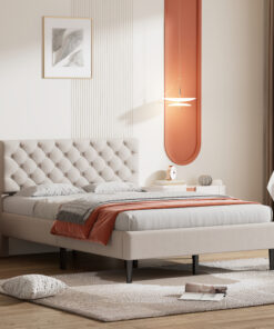 Upholstered Linen Platform Bed, Full Size, Beige