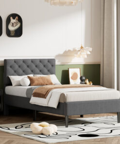 Upholstered Linen Platform Bed, Twin Size, Gray