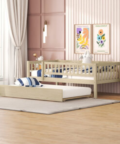 Twin Size Wood Daybed with Trundle and Fence Guardrails, Natural