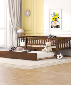 Twin Size Wood Daybed with Trundle and Fence Guardrails, Walnut