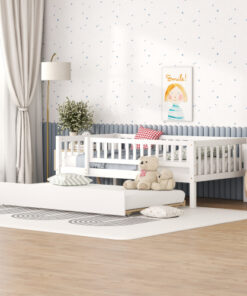 Twin Size Wood Daybed with Trundle and Fence Guardrails, White