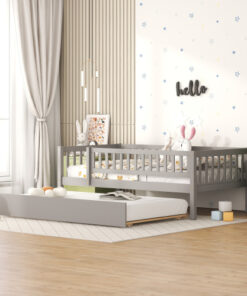 Twin Size Wood Daybed with Trundle and Fence Guardrails, Gray