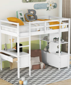 Twin  Size Loft Bed with Built-in Desk with Two Drawers, and Storage Shelves and Drawers,White