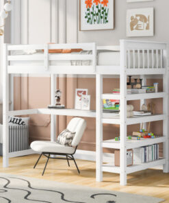 Twin Size Loft Bed with Storage Shelves and Under-bed Desk, White