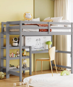 Twin Size Wooden Loft Bed with Shelves, Desk and Writing Board - Gray
